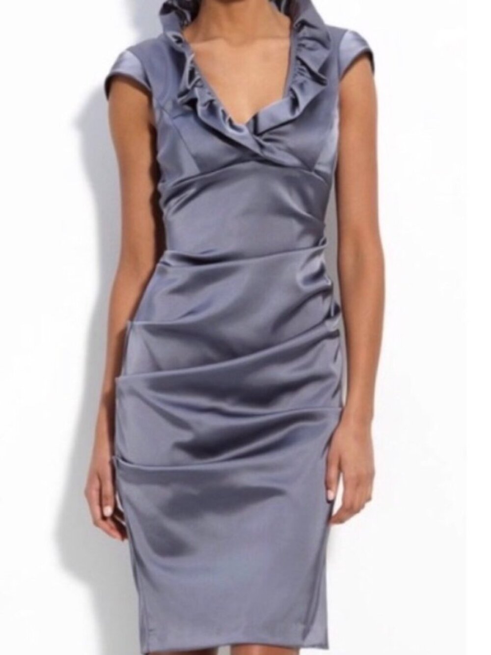 Xscape by Joanna Chen Grey Blue Satin Ruffle Cocktail Dress Size 8